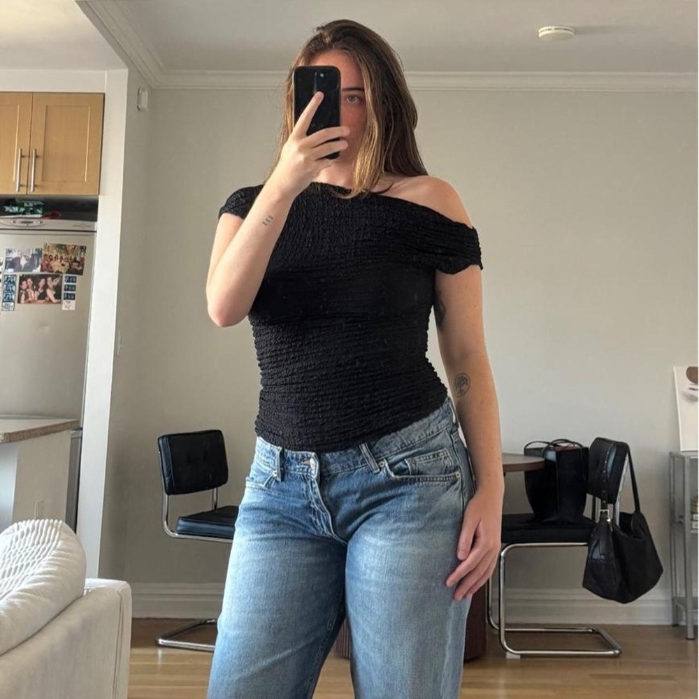Zara Black Off-The-Shoulder Smocked Top
